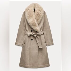 Zara Faux Fur Collar Belted Coat- TAN